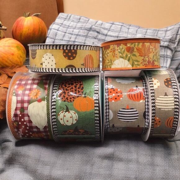 Fall Ribbon Lot 6 Rolls Wired Edge Pumpkins Plaid Gnomes Autumn Leaves Harvest 6 - Picture 2 of 11